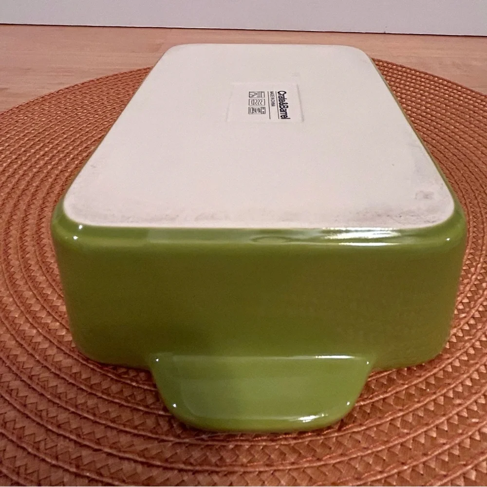 Crate & Barrel Avery Ceramic Baking Dish Green With White Interior & Handles